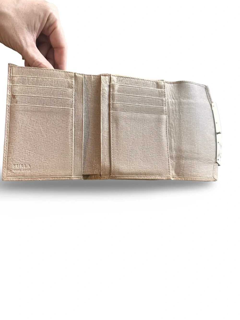 Authentic Furla Cream Beige Textured Leather Flap Wallet / Clutch - Silver Hardw